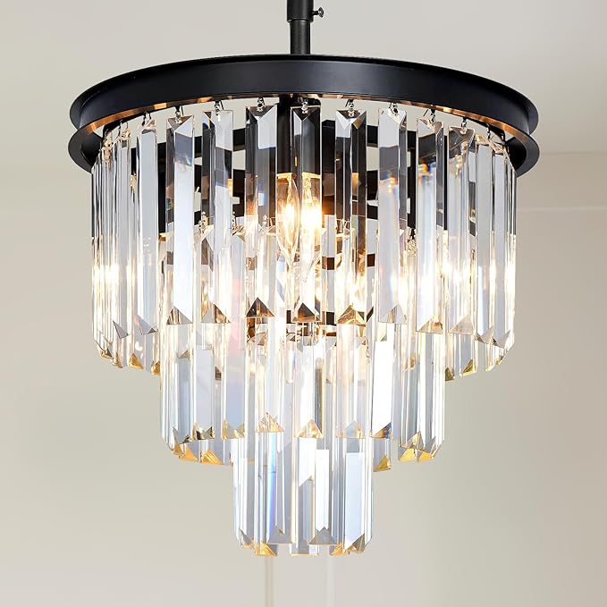 Black Crystal Chandeliers for Dining Room, 3-Tier 4 Lights Modern Chandelier Contemporary Luxury Top K9 Crystal Ceiling Pendant Light Fixture for Foyer Kitchen Bedroom Closet 14"
