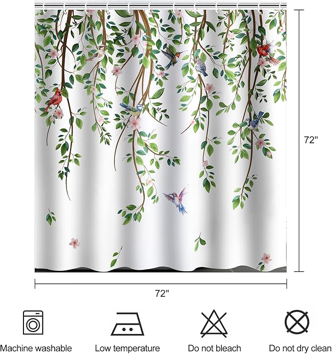 Green Leaves Birds Shower Curtain Hanging Vine Plant with Floral Shower Curtains for Bathroom Waterproof Polyester Fabric Bath Curtain 72 x 72 Inch with 12 Hooks