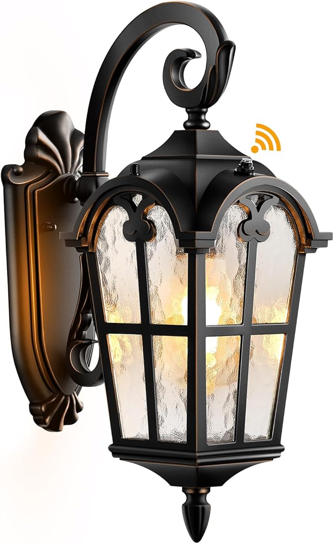 VIANIS Outdoor Wall Light, 16.9" Black Dusk to Dawn Outdoor Lighting with Gold Trim, Outside Light Fixtures Wall Mount with Tempered Water Ripple Glass for Patio, Entryway, Waterproof Anti-Rust