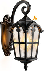 VIANIS Outdoor Wall Light, 16.9" Black Dusk to Dawn Outdoor Lighting with Gold Trim, Outside Light Fixtures Wall Mount with Tempered Water Ripple Glass for Patio, Entryway, Waterproof Anti-Rust