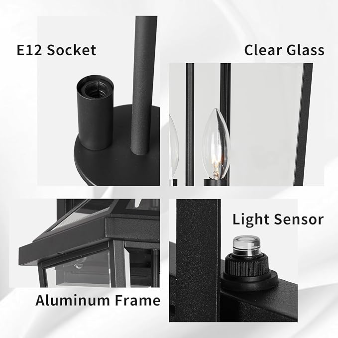 JYZ Dusk to Dawn Outdoor Wall Sconce, 24 Inch Waterproof Exterior Wall Lantern with Textured Glass, 2-Light Anti-Rust Classic Porch Light for Front Door Garage Patio Yard JYOWL06-BK-L