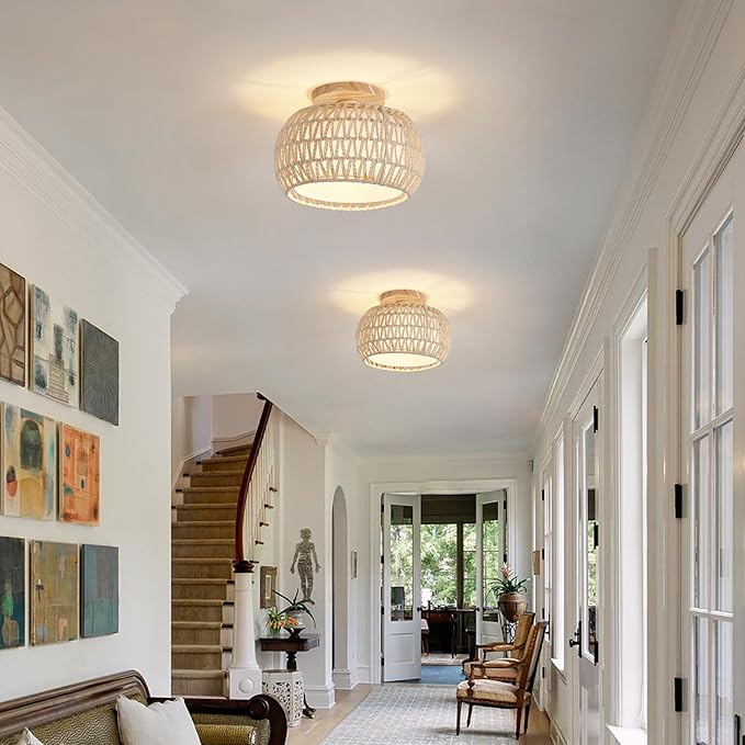 Boho Rattan Ceiling Light Fixture - 3 Style Options Wicker Semi Flush Mount Ceiling Lights,White Coastal Light Fixtures,Bohemian Woven Basket Chandelier for Hallway Bedroom Nursery Kitchen Laundry