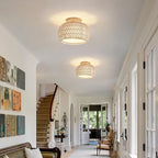 Boho Rattan Ceiling Light Fixture - 3 Style Options Wicker Semi Flush Mount Ceiling Lights,White Coastal Light Fixtures,Bohemian Woven Basket Chandelier for Hallway Bedroom Nursery Kitchen Laundry