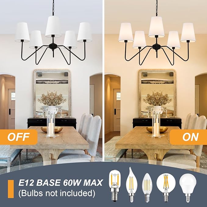 Chandeliers for Dining Room, Modern Pendant Light Fixture Over Table with White Shade Classic Ceiling Hanging Lighting for Living Room Hallway Bedroom, 5-Arm, 30" Dia, Height Adjustable