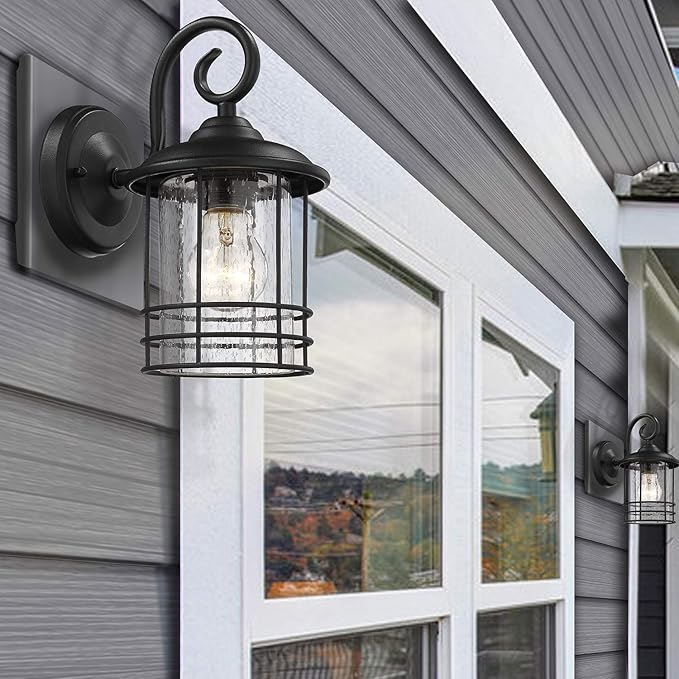 MICSIU Textured Black Outdoor Wall Light 2 Pack, 10 Inch Exterior Wall Lantern Lights with E26 Based Socket， Clear Seedy Glass Exterior Wall Lights for House, Entryway, Home, Patio, Garage, Doorway
