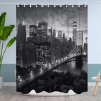 NYC Manhattan Brooklyn Bridge Shower Curtain New York Skyline Building Night View Shower Curtain Set with 12 Hooks 72x72 inch Polyester Machine Washable, Grey and White