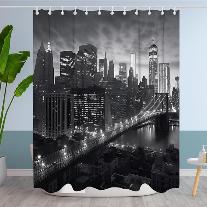 NYC Manhattan Brooklyn Bridge Shower Curtain New York Skyline Building Night View Shower Curtain Set with 12 Hooks 72x72 inch Polyester Machine Washable, Grey and White