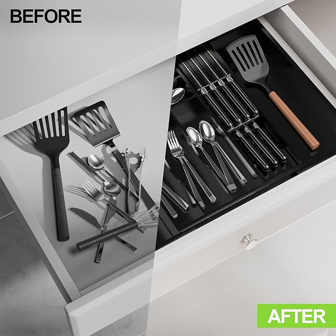 Bamboo Kitchen Drawer Organizer, Expandable Utensil Organizer with Removable Knife Block, Cutlery Tray Holder with Divider, Adjustable Silverware Organizer, Black