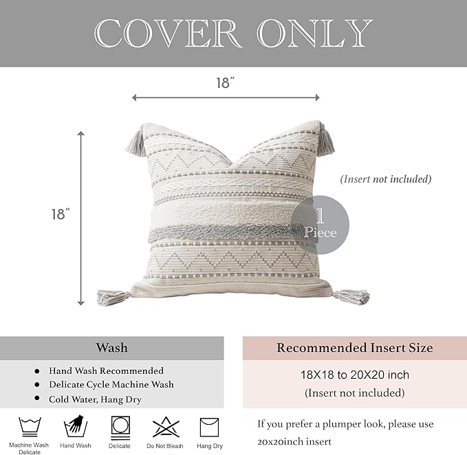 BlissBlush Gray Decorative Throw Pillow Cover 18x18 Square Boho Neutral White Accent Pillowcase Tassels Farmhouse Cushion for Couch Sofa Bedroom Living Room Home Décor (Cover ONLY, Pack of 1)