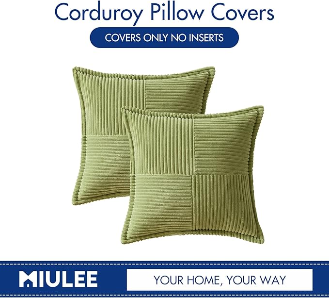 MIULEE Decorative Throw Pillow Covers for Couch Bed Livingroom 20x20 Inch Set of 2 Green Boho Accent Throw Pllows Broadside Striped Patchwork Soft Corduroy Summer Pillowcases