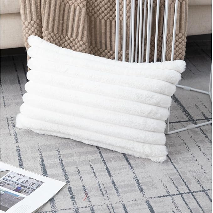ZLINA Set of 2 Cream White Faux Fur Decorative Throw Pillow Covers Fluffy Striped Pillowcase Cushion Covers 12 x 20 Inch Decor Sofa Couch Bedroom