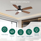 52inch Ceiling Fans with Lights, Low Profile Ceiling Fan with Light and Remote/APP Control, DC Reversible Motor, Noiseless, Flush Mount, Brown Ceiling Fan for Bedroom Indoor/Outdoor Use