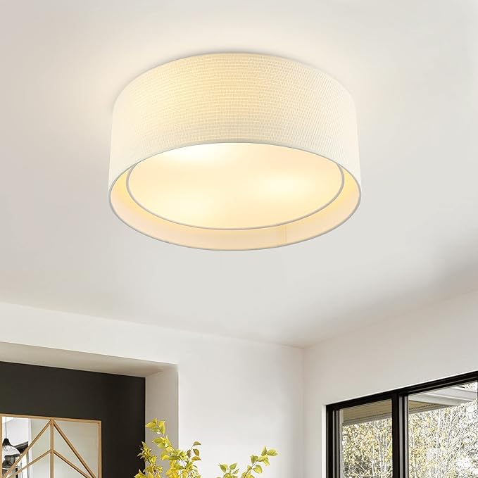 WINGBO 15.7" Modern 3-Light Flush Mount Ceiling Light Fixture with Fabric & Acrylic Double Drum Shade for Bedroom Living Room Dining Room Hallway Entryway, Beige