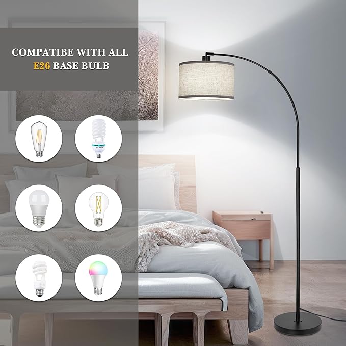 Black Arc Floor Lamps for Living Room,Modern Standing Lamp with Adjustable Drum Lampshade Tall Pole Lamp with Foot Switch Over Couch Arched Floor Light for Reading Bedroom 8W LED Bulb Included