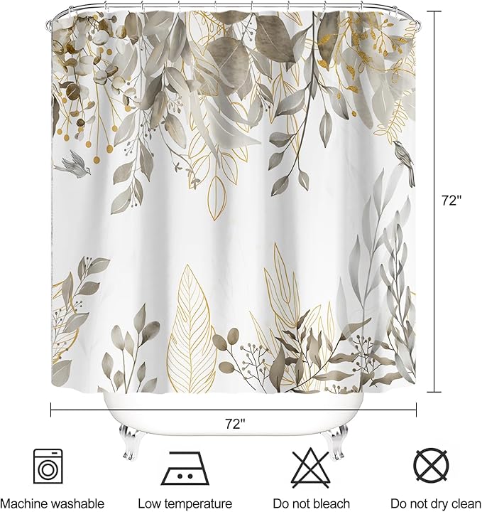Grey Tan Eucalyptus Leaves Shower Curtain Beige Weeping Branches Leaves Shower Curtains for Bathroom Waterproof Polyester Fabric Bathroom Curtain 72 x 72 Inch with 12 Hooks