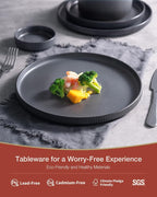 Famiware Star Dinnerware Set with Mugs, Service for 4 (16pcs), Ribbed Stoneware Plates and Bowls Dishes Sets - Chip & Scratch Resistant, Microwave & Dishwasher Safe, Matte Dark Charcoal
