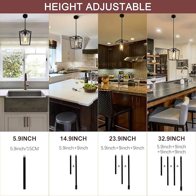 Black Pendant Lights 1-Light Pendant Lights Kitchen Island Farmhouse Lantern Pendant Light Iron Cage Hanging Light Fixtures with Clear Glass Shade for Dining Room, Entryway, Hallway, Porch