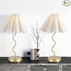Pleated Table Lamp, Set of 2 Table Lamps for Bedroom, Bedside Lamps for Nightstand with Linen Lampshade, Modern Lamp for Bedroom Home Office Decor, Gold