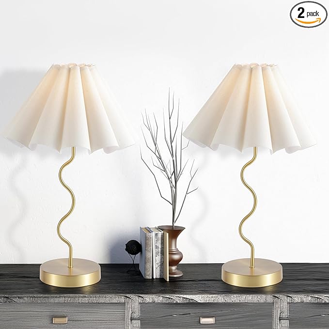 Pleated Table Lamp, Set of 2 Table Lamps for Bedroom, Bedside Lamps for Nightstand with Linen Lampshade, Modern Lamp for Bedroom Home Office Decor, Gold