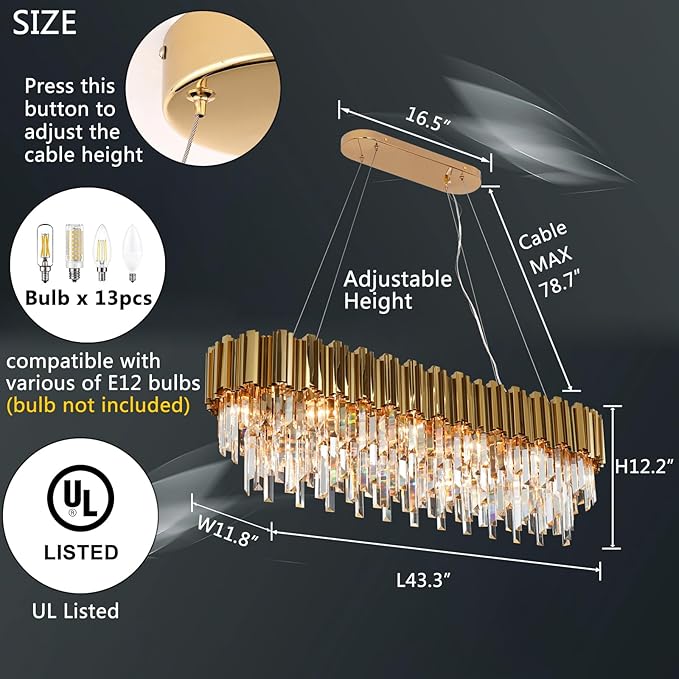 L43.3 Modern Rectangle Crystal Chandelier Gold Linear Pendant Ceiling Light Fixture for Dining Room Contemporary Oval Raindrop Chandeliers Lighting for Kitchen Island 13-Light