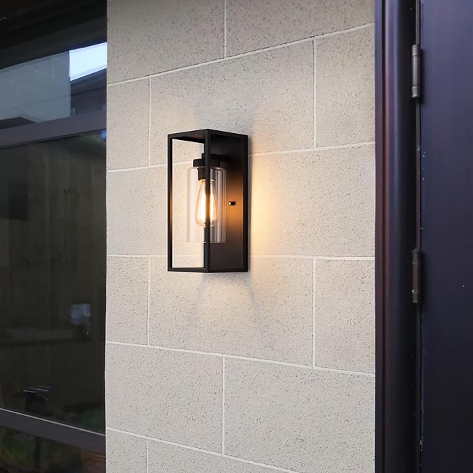 mirrea 2 Pack 14" Classic Outdoor Wall Sconce 1 Light in Cylinder Glass Shade and Matte Black Rectangular Metal Frame Waterproof Porch Light Patio Light