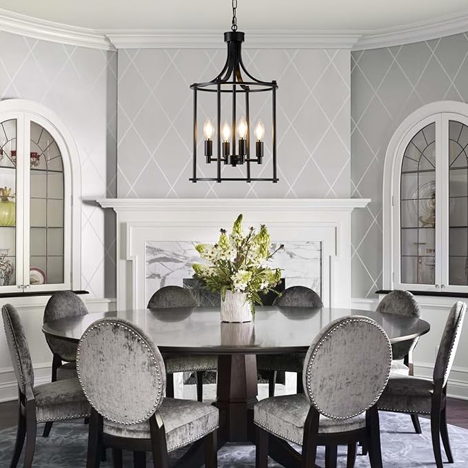 4-Light Black Chandeliers for Dining Room, Foyer Chandeliers Lantern Tiered Industrial Ceiling Light Metal Modern Farmhouse Pendant Lights for Kitchen Island Entryway, Living Room