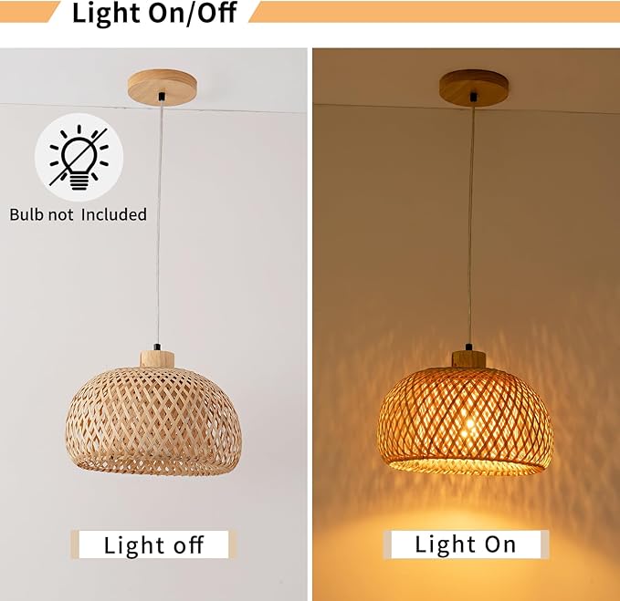 Bamboo Pendant Light, 11.8inch Hand-Woven Natural Wicker Rattan Bamboo Lamp, Beige Boho Hanging Chandelier, Rustic Island Dining Ceiling Light for Living Room, Kitchen, Farmhouse, Bedroom