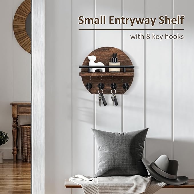 Nekon Key Holder for Wall - 9.8 Inch Apartment Wall Decor with Shelf and 8 Key Hooks, Circular Wood Key Hanger for Home Decor (Brown)