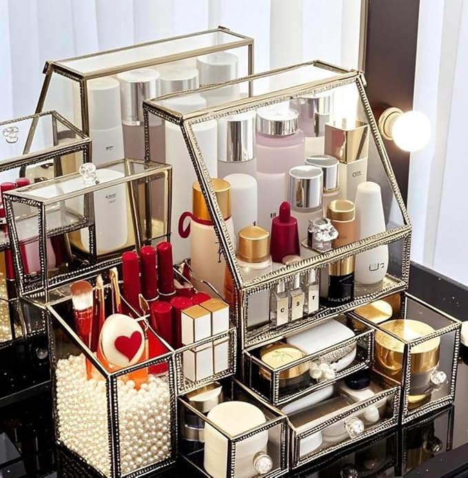Stackable 3Pieces Drawer Set Glass Makeup Organizer Antique Countertop Vanity Cosmetic Storage Box Mirror Glass Beauty Display, Holder for Brushes Lipsticks Skincare Toner with free Pearl (Brass)