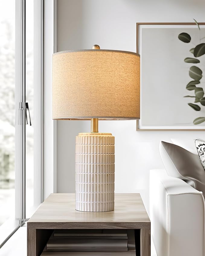 PoKat 23'' Bedside Table Lamp for Bedroom Nightstands, Ceramic Lamp for Living Room, White Night Stand Light with Round Linen Shade, Modern, Silver