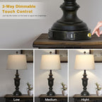 26" Black Table Lamps Set of 2 with USB C+A Ports & AC Outlet for Farmohouse Living Room Retro Bedroom,3-Way Dimmable Touch Lamp Resin Bedside Lamps for Nightstand Side End Table,Black