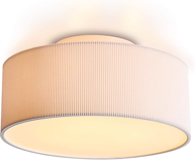 Ceiling Light, SPAKRSOR Modern Stripe Fabric Pendant Light Shade Flush Mount, Large White Drum Lampshade, Round Pendant Lamp, for Bedroom Living Room, Flush Chrome Matt, 3 Bulb, E26