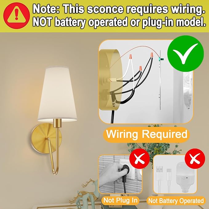 Electro bp;Single Head Classic 1 Light Wall Sconce Lighting Fixture Gold with Cream White Linen Fabric Lamp Shades E12 40W Hardwired (Set of 2);