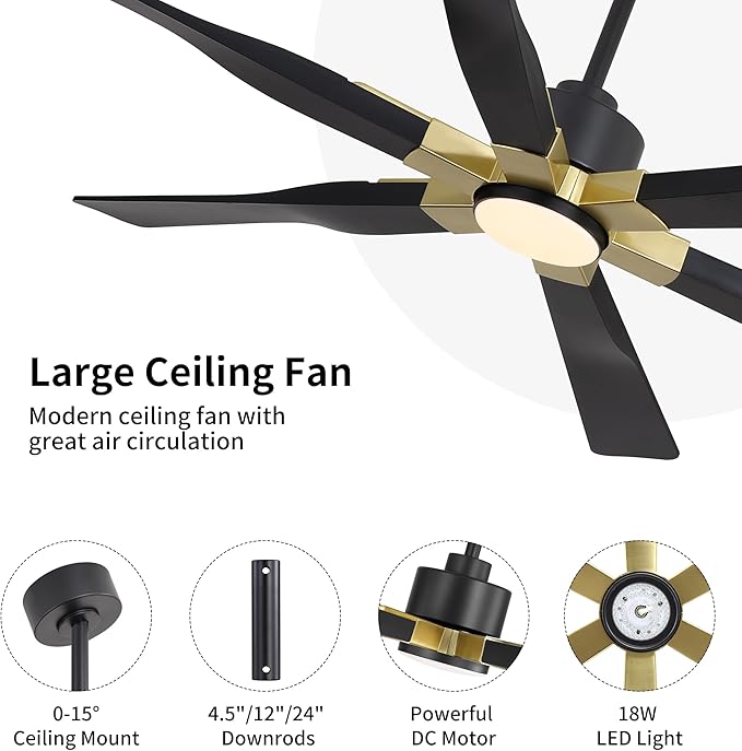 78 Inch Ceiling Fan with Lights and Remote Control, 6 Reversible ABS Blades, 6-Speed Noiseless DC Motor with 4.5" / 12" / 24" Downrods for Bedroom Dining Living Room, Gold and Black