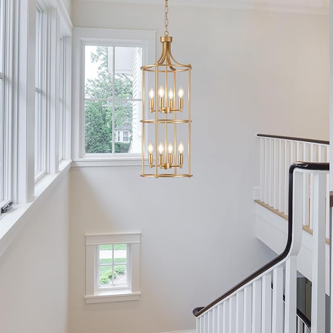 Foyer Chandeliers for High Ceilings, Lantern Tiered Gold Chandelier Light Fixture Metal Modern Farmhouse Pendant Lights for Kitchen Island Entryway Staircase Living Room Dinning Room (Gold)