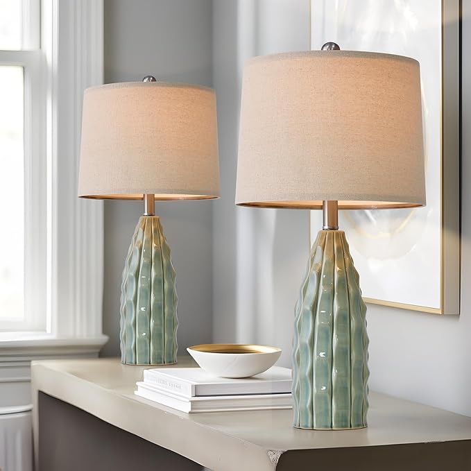 Ceramic Table Lamps Set of 2, 23.75" Modern Farmhouse Bedside Lamp - Green Nightstand Lamps for Bedroom, Boho Living Room End Tables, Small Office Desk Lamp Decor