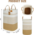danpinera 100L Nursery Hamper, Tall Woven Laundry Basket with Long Leather Handles, Boho Laundry Hamper for Living Room & Bedroom, Eco-friendly & Convenient Decorative Storage Basket White & Jute