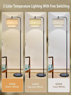 64" Modern Floor Lamp for Living Room Bedroom, Arc Floor Lamp with 3 Color Temperatures, Standing Lamp with Double Oatmeal Linen Lampshade, Tall Lamp with A19 12W LED Bulb, Foot Switch Control, Black