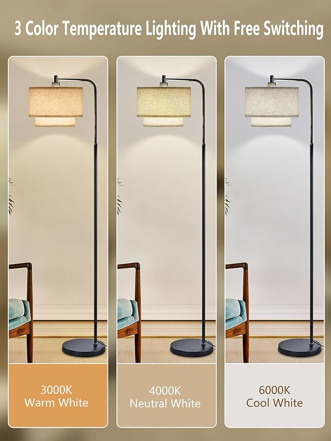 64" Modern Floor Lamp for Living Room Bedroom, Arc Floor Lamp with 3 Color Temperatures, Standing Lamp with Double Oatmeal Linen Lampshade, Tall Lamp with A19 12W LED Bulb, Foot Switch Control, Black