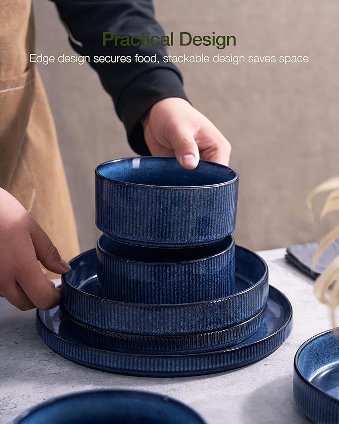 Famiware Star Plates and Bowls Sets, Modern Stoneware Dinnerware Sets for 6, 18-Piece Kitchen Dish Set - Chip and Scratch Resistant, Microwave and Dishwasher Safe Tableware, Nebulas Blue
