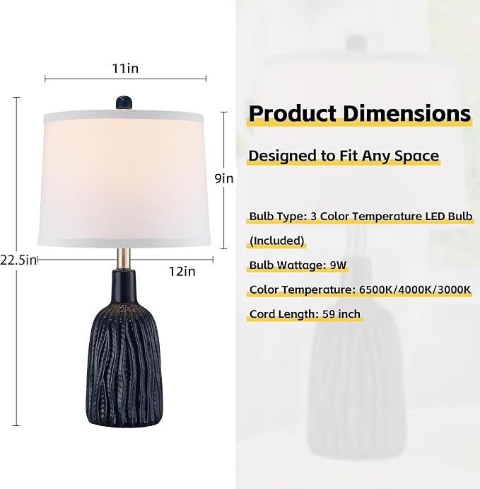 GRUENLICH Ceramic Table Lamp Set of 2 for Nightstand, 22.5" Modern Blue Bedside Lamp with 3 Adjustable Color Temperature, Bedroom Light for Living Room Desk End Table Office (2 LED Bulbs Included)