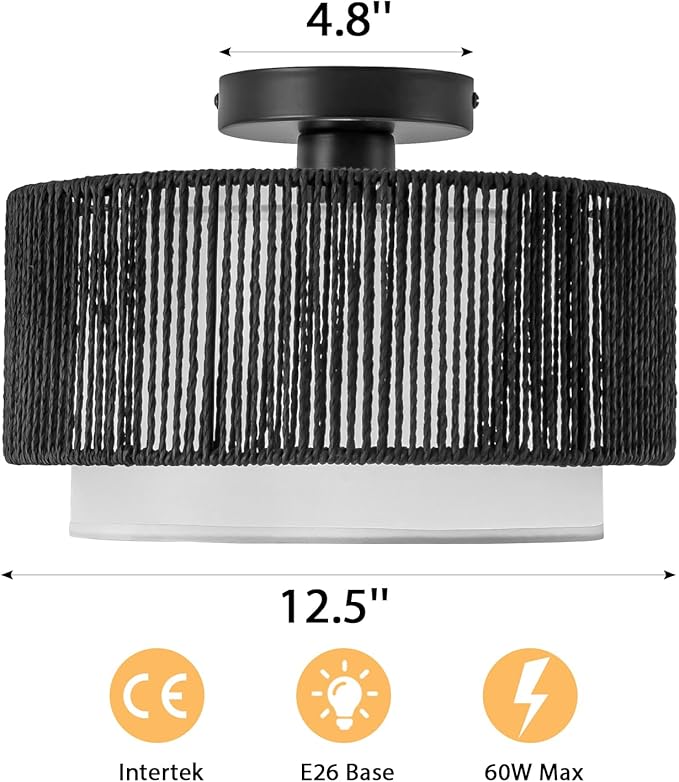 SineRise 12'' Rattan Flush Mount Ceiling Light Fixture,2-Tier Drum Hand-Woven Boho Flush Mount Ceiling Light,Farmhouse Light Fixture for Living Room,Kitchen,Bedroom Foyer Entryway ect.（Black）