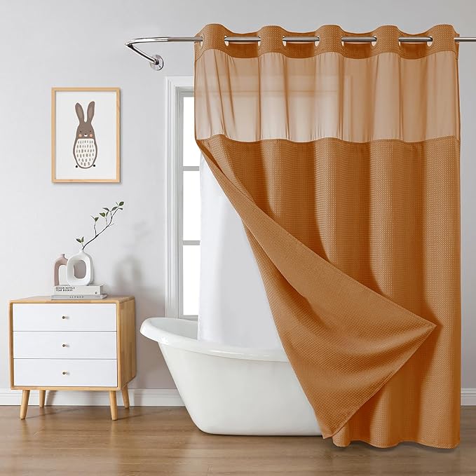 BurntOrange No Hook Waffle Weave Shower Curtain with snap-in Liner Replacement, 230GSM Waterproof Fabric Hotel Shower Curtain Set for Bathroom, Through Mesh Top Window,71Wx74H