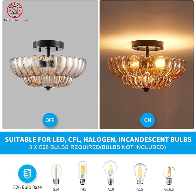 XINGQI Modern Black Semi Flush Mount Ceiling 3-Light 11.8“ Amber Glass Close to Ceiling Light Fixtures for Bedroom Living Room Entryway Hallway