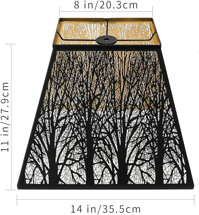 Large Metal Lampshade New Pyramid Shape Design 8'' Top 14'' Bottom 11'' Height ALUCSET Square Bell Shade Lamp Shade Forest Design Black and Gold fits for Table Lamps and Floor Lamps