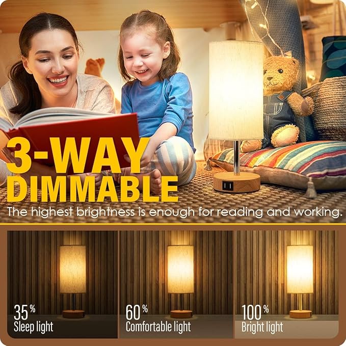 Yarra-Decor Bedside Table Lamp with USB Port - Touch Control for Bedroom Wood 3 Way Dimmable Nightstand Lamp with Round Flaxen Fabric Shade for Living Room, Dorm, Home Office (LED Bulb Included)