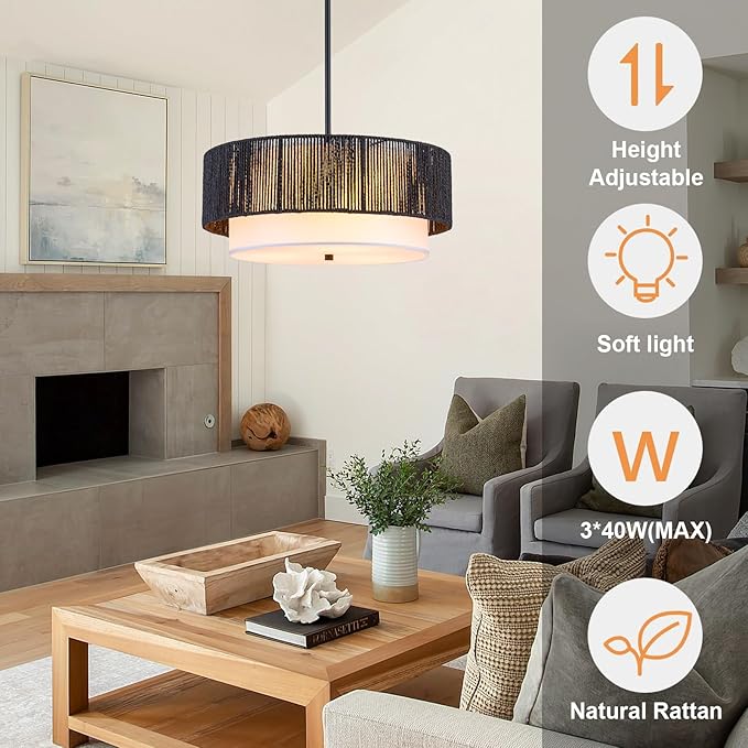18'' Farmhouse Rattan Chandeliers for Dining Room,3-Light Boho Light Fixtures Rattan Pendant Light Fixture with Fabric Shade Drum Chandeliers for Bedroom Dining Room Foyer Kitchen Hallway（Black）