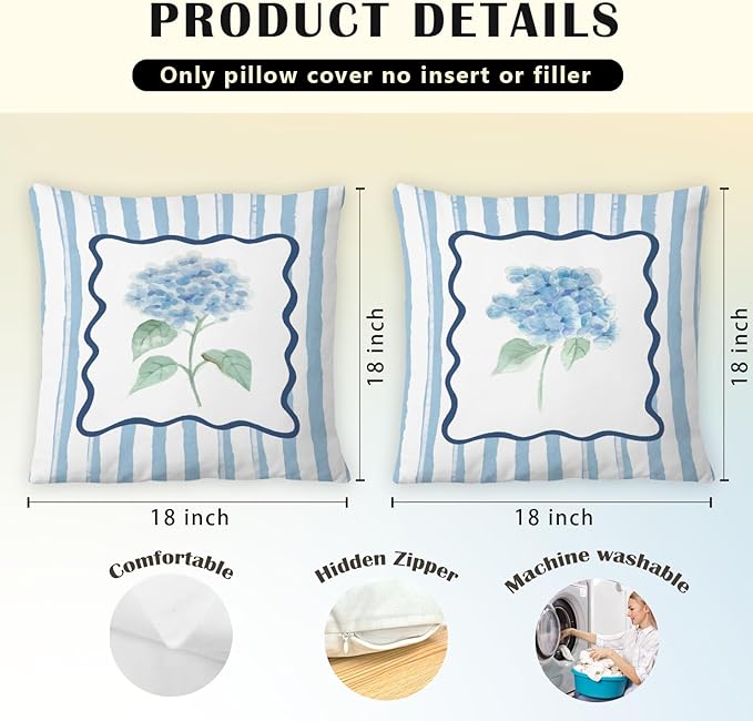 JINYO Retro Blue Hydrangea Floral Pillow Covers 18x18 Set of 2, Floral Room Decor, Rustic Blue and White Striped Botanical Flower Decorative Pillow Cases for Couch Living Room Bedroom Home