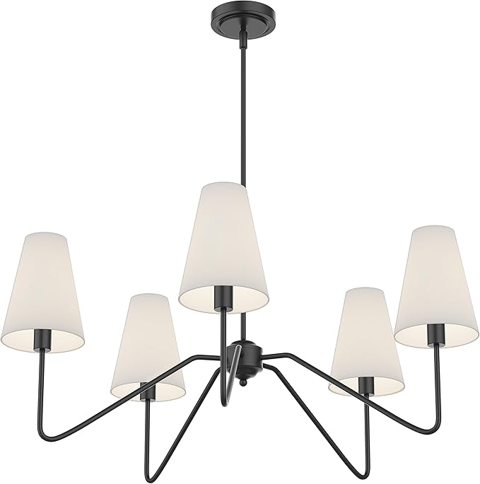Electro bp;30" Dia 5-Arm Classic Chandeliers Matt Black with White Linen Shades,Light Fixture for Dining Room,Living Room,Bedroom,E12,200W