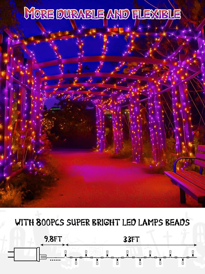 800 LED Halloween Slow Twinkle Cluster Lights, Firecracker Fairy Lights with 15 Modes & Timer Function, 33FT Waterproof String Lights for Indoor Outdoor Tree Halloween Decorations, Orange and Purple
